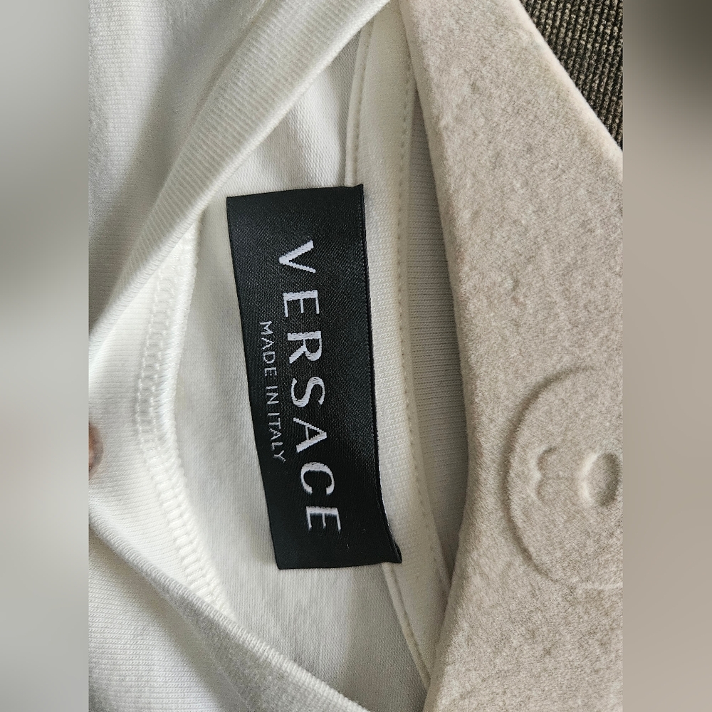 Versace Kids Tee in White with Bold Logo Small Yellowish Stain In Front. - Picture 4 of 13